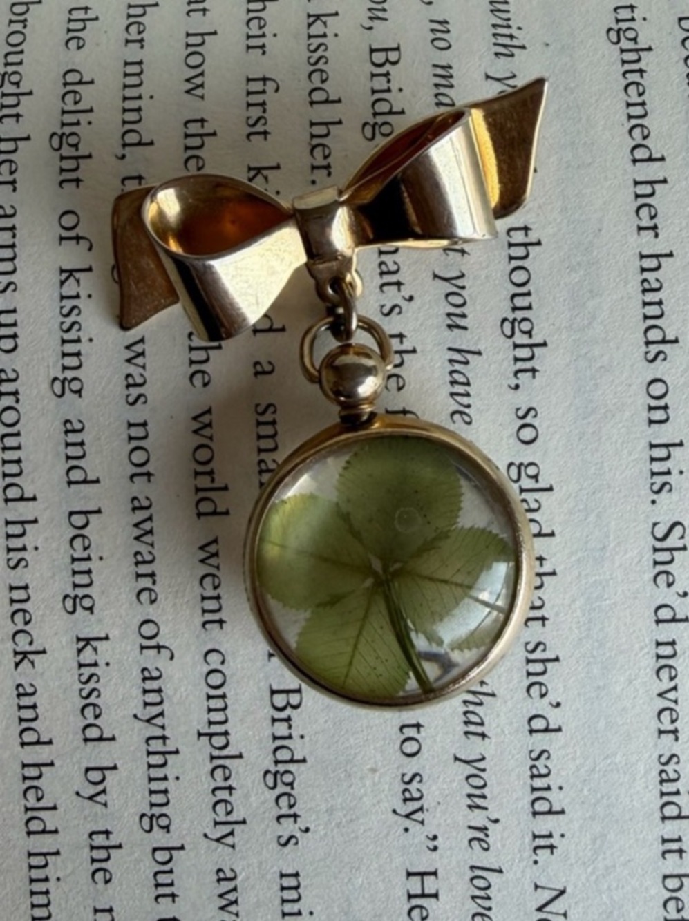 Gold Tone Bow Brooch with Real Pressed Leaves Dangle Pendant